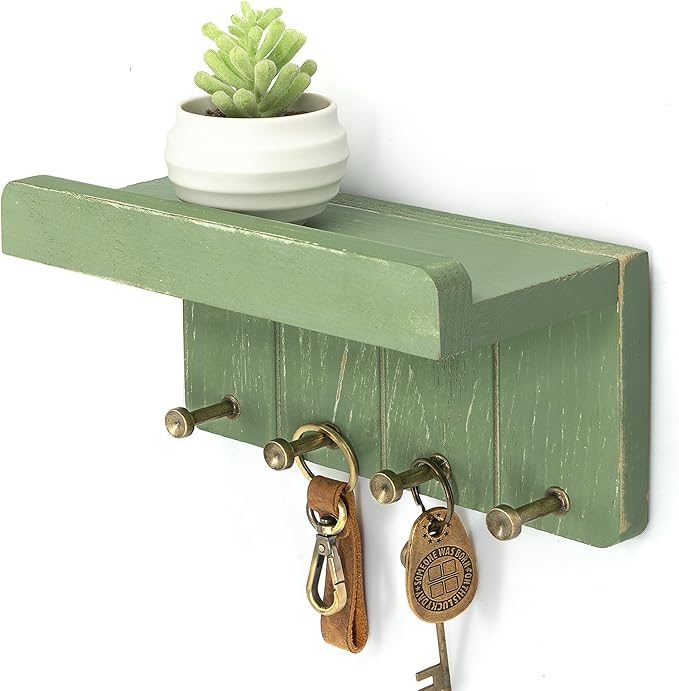 Rebee Vision Pine Wood Key Holder Wall Mount - Farmhouse Small Key Holder for Wall with 4 Hooks to Hang Watch or Tie - Rustic