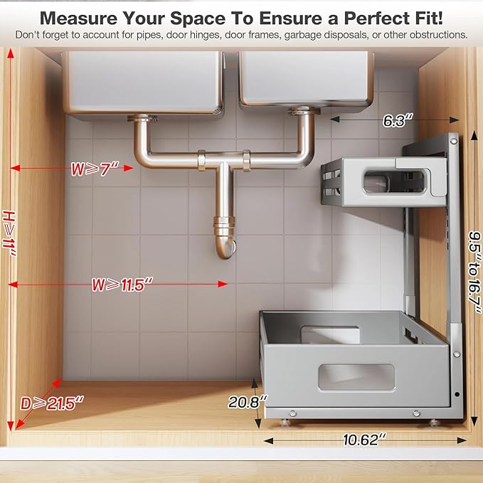 2 Pack 21IN-Depth Under Sink Organizer,Pull Out Cabinet Organizer With Smooth Cylindrical Rail,Metal Slide Out Drawer for Kit