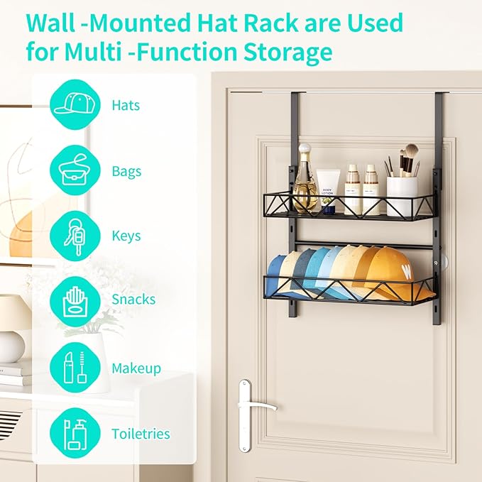 HapiRm Hat Organizer for Baseball Caps - 2 Tier Over the Door & Wall Mounted Hat Rack with 2 Adjustable Metal Basket, Storage