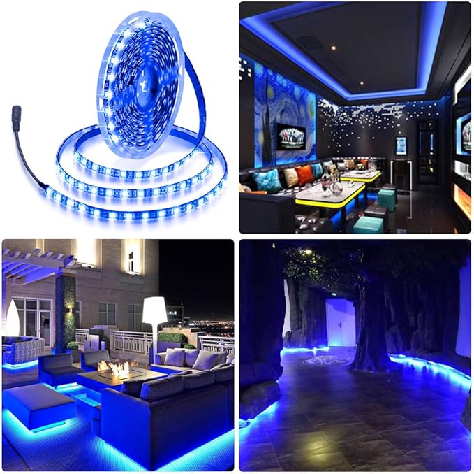 ALITOVE Blue LED Light Strip 32.8ft Waterproof IP65 10M 600 LEDs 60 LEDs/M 5050 SMD Black PCB DC 12V with Enhanced 3M VHB Foam Tape for Home Garden Decoration Lighting, 2X 16.4ft, No Power Supply