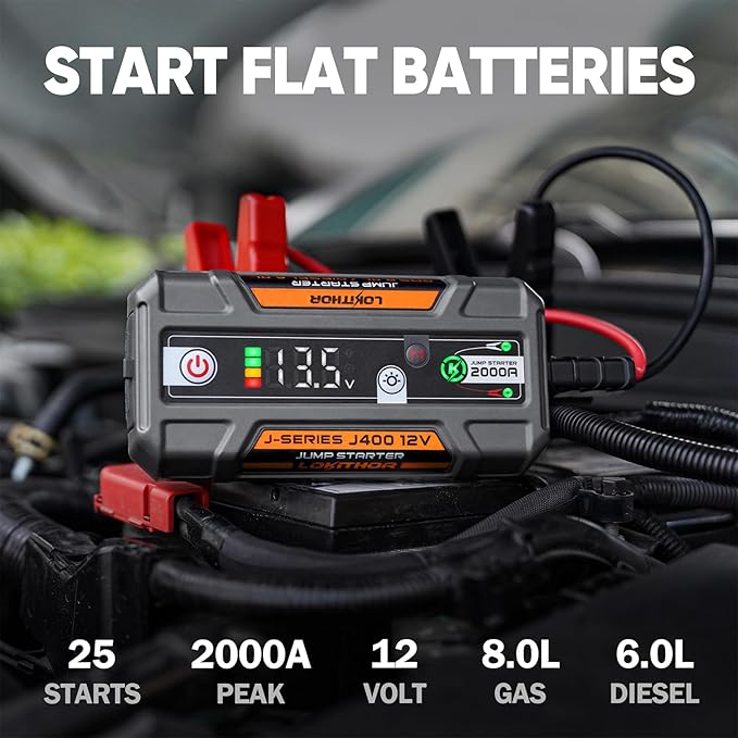 LOKITHOR J400 2000A 12V Portable Lithium Jump Starter, Car Battery Booster Pack, USB-C Powerbank Charger, and Jumper Cables