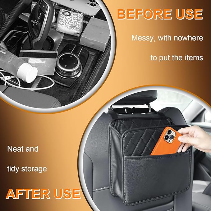 Car Seat Organizer Backseat, PU Leather Hanging Storage Bag with Multiple Pockets, Multipurpose Waterproof Car Organizer Foldable 2.14 Gallon Large Capacity Auto Accessories for Most Cars