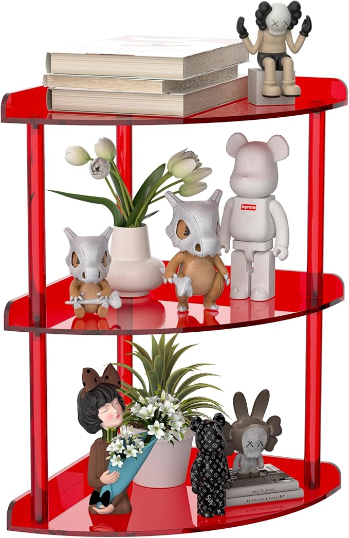 Sezanrpt 3 Tier Acrylic Corner Shelf Organizer Storage 9.5x9.5x15.7 Inch, Red Countertop Corner Shelf for Bathroom, Kitchen, 