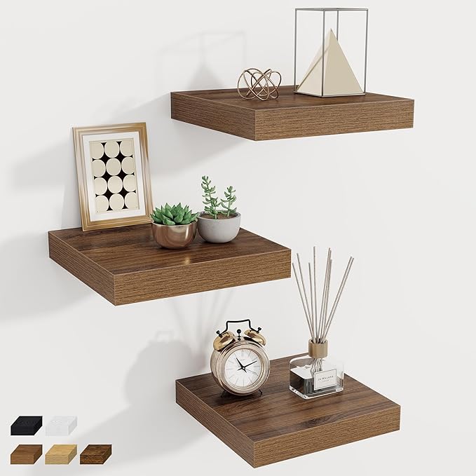 Fun Memories Square Floating Shelves for Wall, 9.3" W x 9.3" D x 1.4" H, Shelves for Wall with Invisible Brackets, Small Wood