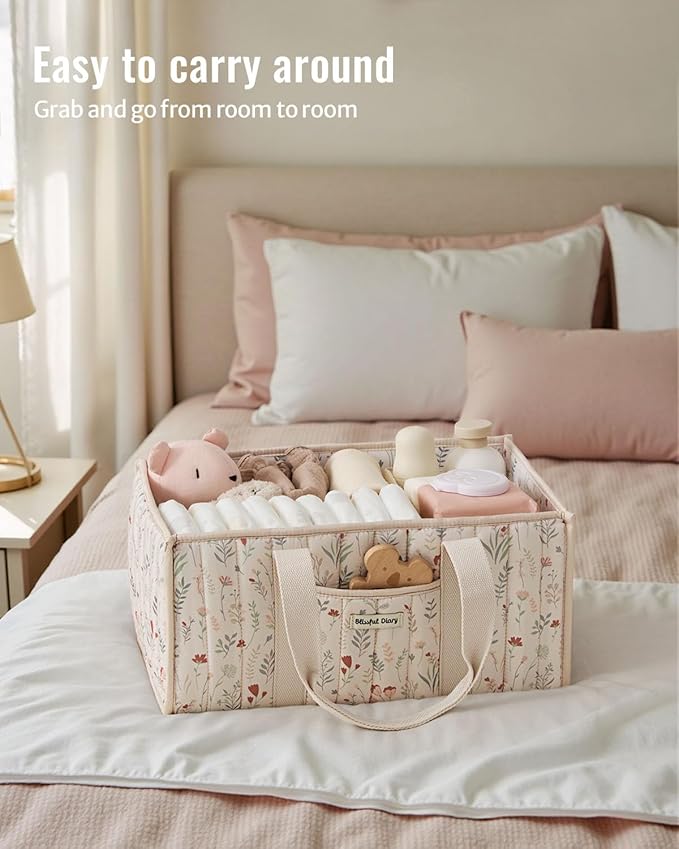 Blissful Diary Floral Diaper Caddy Organizer, Stylish Nursery Storage Basket, Gift for Baby Shower, Newborn Essentials, Flora