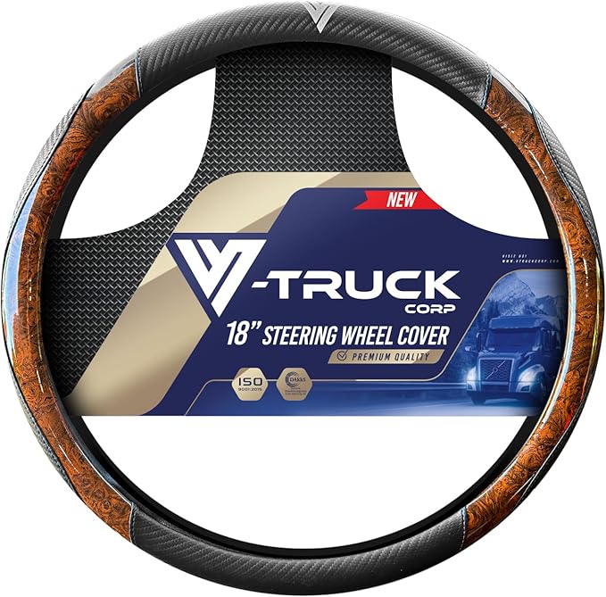 18-Inch Genuine Leather Steering Wheel Cover for Semi Trucks – Wood Grain Imitation Finish, Heavy-Duty Non-Slip Grip, Durable and Comfortable Interior Upgrade