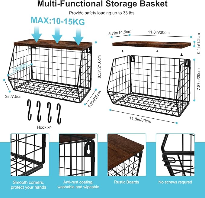 MSJGA Laundry Room Shelves Wall Mounted with Storage Basket - Stackable Wire Wall Shelves Organizer for Towels, Detergent, Ti