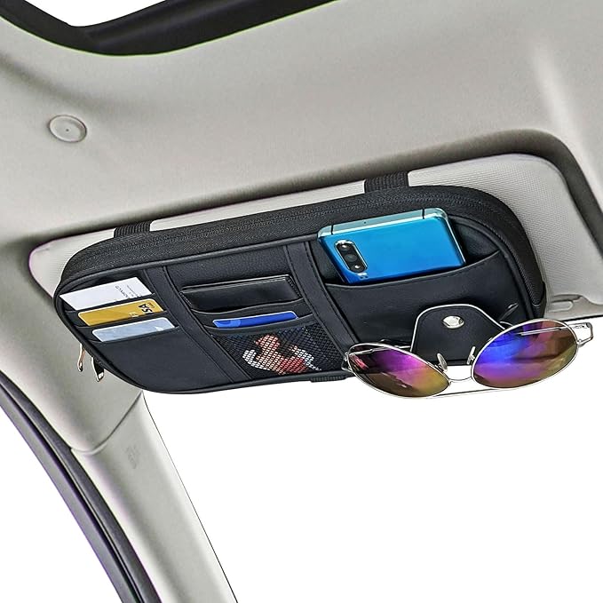 Da by Car Visor Organier Truck SUV Sun Visor Storage Pocket PU Leather Pouch Holder with Multi-Pocket Double Zipper Net Pocket, for Cards Pens Sunglasses Document (Black)