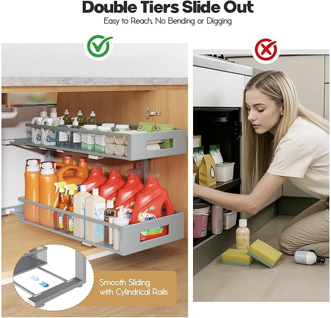 2 Packs 21IN Depth Under Sink Organizer, 2-Tier Pull Out Cabinet Organizer With Smooth Circular Rail, Large Capacity Metal Me