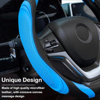 Concave Convex Massage Black Blue Microfiber Leather Steering Wheel Cover, 14.5-15 Inch Non-Slip Breathable Microfiber Car St