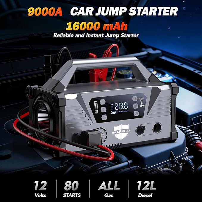 Sharmeal Jump Starter with Air Compressor，9000A Car Battery Jump Starter (All Gas/12.0L Diesel)，200PSI Car Battery Jumper Starter Portable 12V Jump Box with Jumper Cables, LED Light
