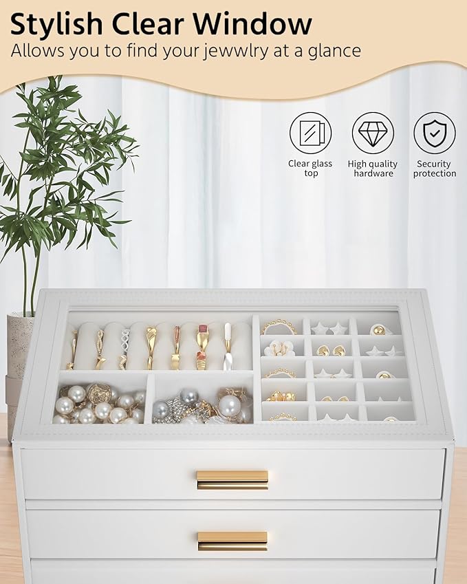 AKOZLIN Jewelry Box with Clear Lid Functional Leather Jewelry Storage Organizer Case 4 Drawers for Women Girls Necklace Ring 