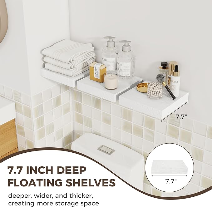 Fun Memories Small Floating Shelves for Wall - 8 Inch Square Wall Shelves with Invisible Brackets, White Shelves for Bathroom