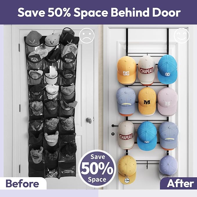 SWTYMIKI Over Door Hat Organizer - 4 Tier Metal Adjustable Wall Mounted Hat Rack with 12 Hooks Design, Hanging Baseball Cap O