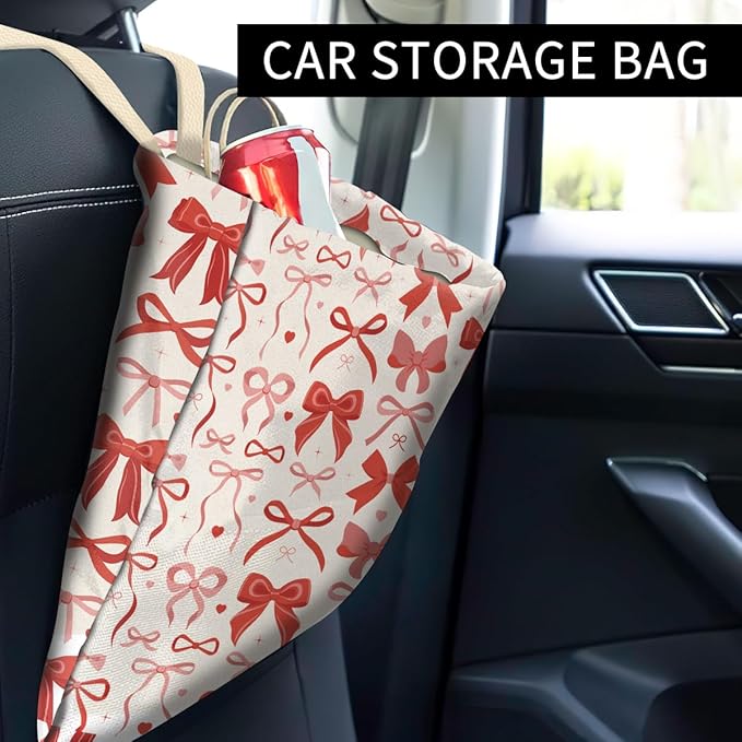 Car Trash Can, Cute Car Trash Bag, Hanging Car Organizer and Storage Bag, Trash Bin for Car Accessories, Vehicle, Travelling, Camping Cute Red Bow