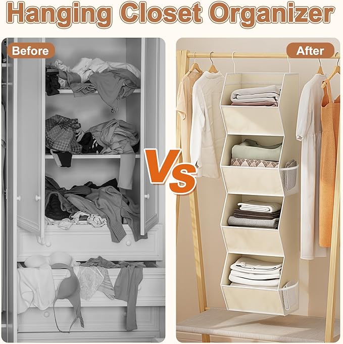 Hanging Closet Organizer 4 Shelf Collapsible Fabric Closet Organizers and Storage Hanging with Mesh Pocket for Clothes, Hangi