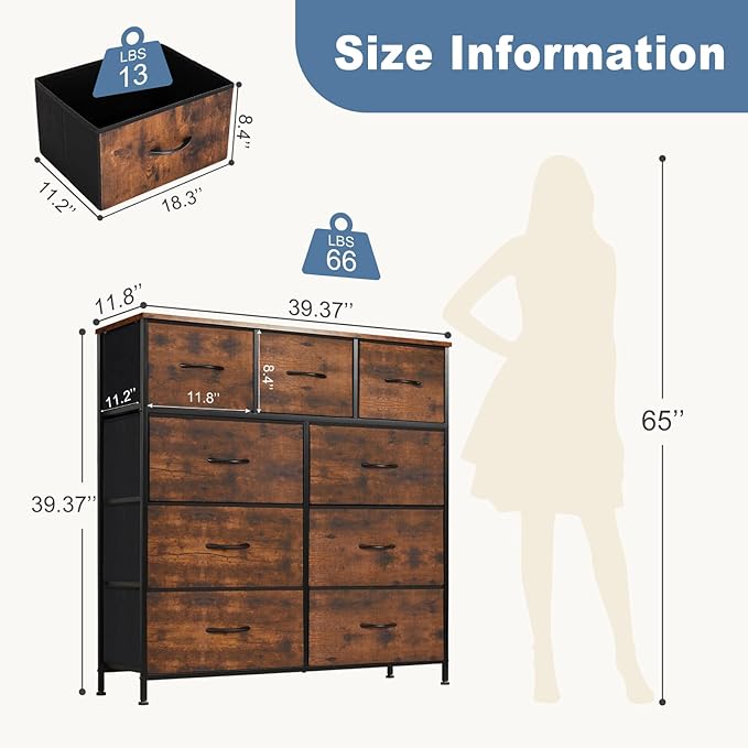 DUMOS Dresser for Bedroom, Storage Organizer with 9 Drawers, Chest of Drawers with Fabric Bins, Sturdy Metal Frame, Wood Tabl