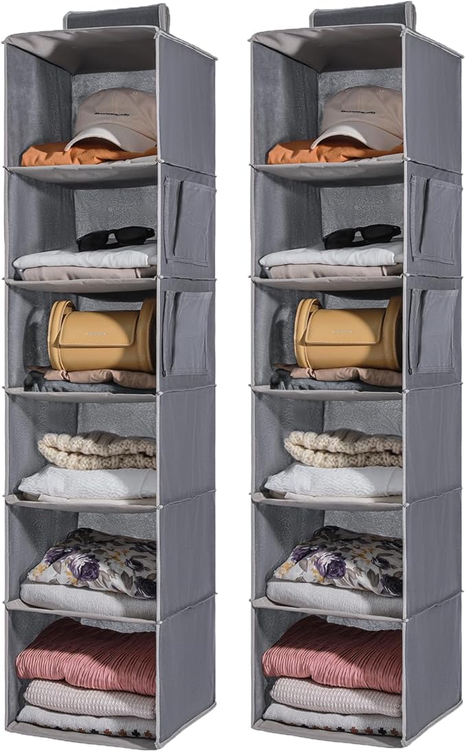 2 Packs Hanging Closet Organizer Storage, 6-Shelf Hanging Shelves for Closet, Closet Clothes Organizer and Storage with Side 