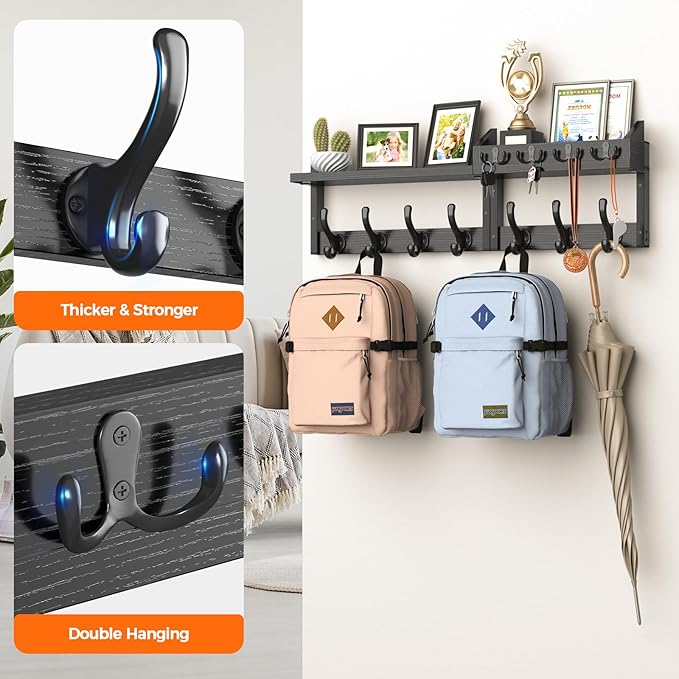 Evermagin 29" Coat Rack Wall Mount with Shelf, 4 in 1 Coat and Key Hanger with 11 Metal Hooks, Entryway Wall Mounted Shelf wi