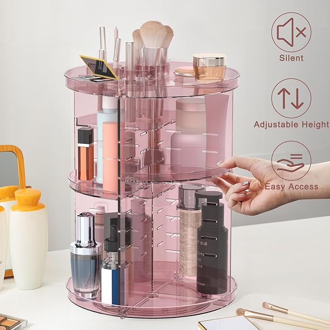 Rotating Makeup Organizer, DIY 8 Adjustable Layers 360 Spinning Skincare Organizers, Makeup Storage Carousel Tower with Brush
