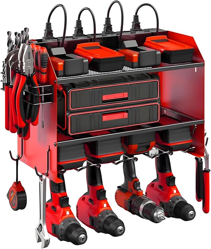 Modular Power Tool Organizer Wall Mount with Charging Station, 3-Layer Heavy Duty Drill Holder Rack & 8-Outlet Power Strip fo