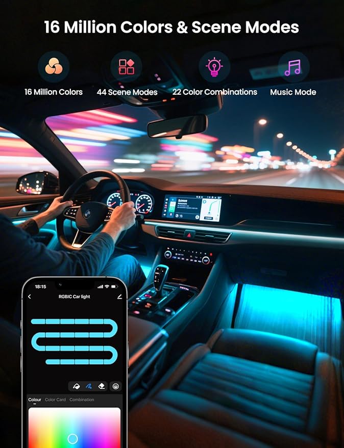 Car RGB LED Lights, Smart 48 LED Car Interior Light with APP Control, Under Dash Car Strip Lights, Music Mode, DIY Mode, 2 Lines Design Light with Charger, Ambient Lighting for Cars SUVs Trucks
