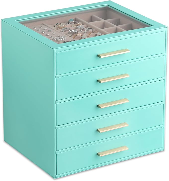 Frebeauty Clear Lid Jewelry Box,5-Layer Jewelry Organizer with Drawer,PU Leather Jewelry Organizers and Storage,Jewelry Boxes