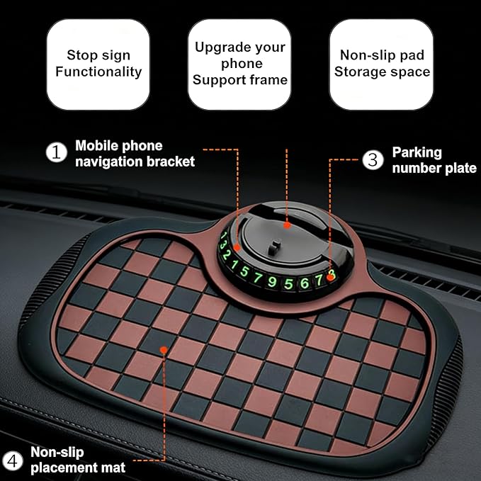 3-in-1 Car Dashboard Anti-Slip Mat, 360° Rotatable Phone Holder with Temporary Parking Number, Universal Fit Non-Slip Pad for
