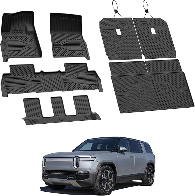 LASFIT Floor Mats&Trunk Mat&Backrest Mat for Rivian R1S 2025, TPE All Weather Floor Mats Custom Fit Floor Liner&Cargo Mat for R1S 2025 1st & 2nd & 3rd Row Full Set Car Mats and Cargo Liner