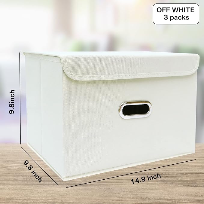 Linen Fabric Foldable Collapsible Storage Cube Bin Organizer Basket Fabric Storage Bins with Lid, Leather Handles, Removable 