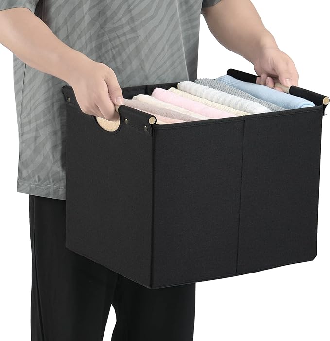 HOONEX Large Collapsible Storage Bins, Linen Fabric, Pack of 2, Storage Baskets with Wooden Carry Handles and Sturdy Heavy Ca