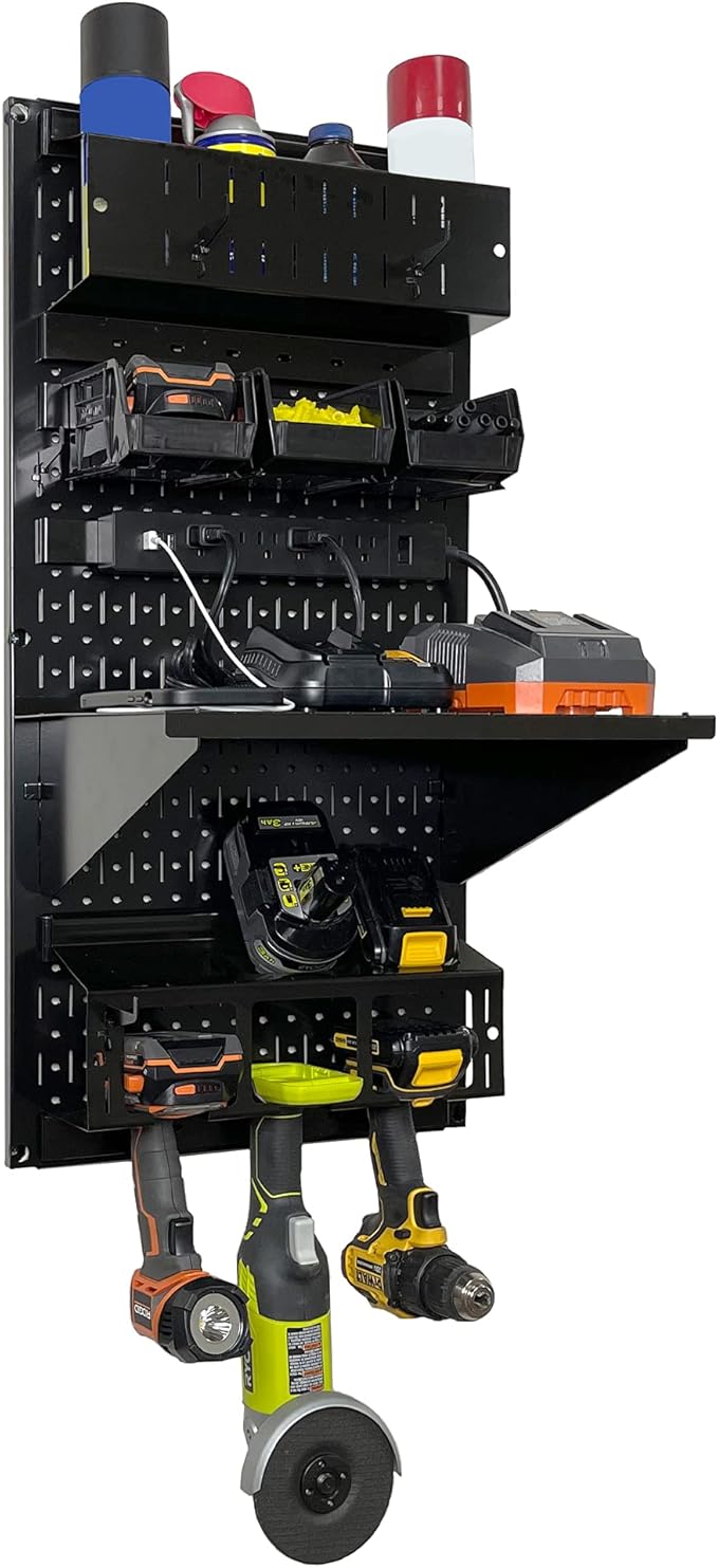 Wall Control Power Tool Storage Organizer Kit Cordless Drill Holder Charging Station Rack 16” x 32” Metal Pegboard Organizati