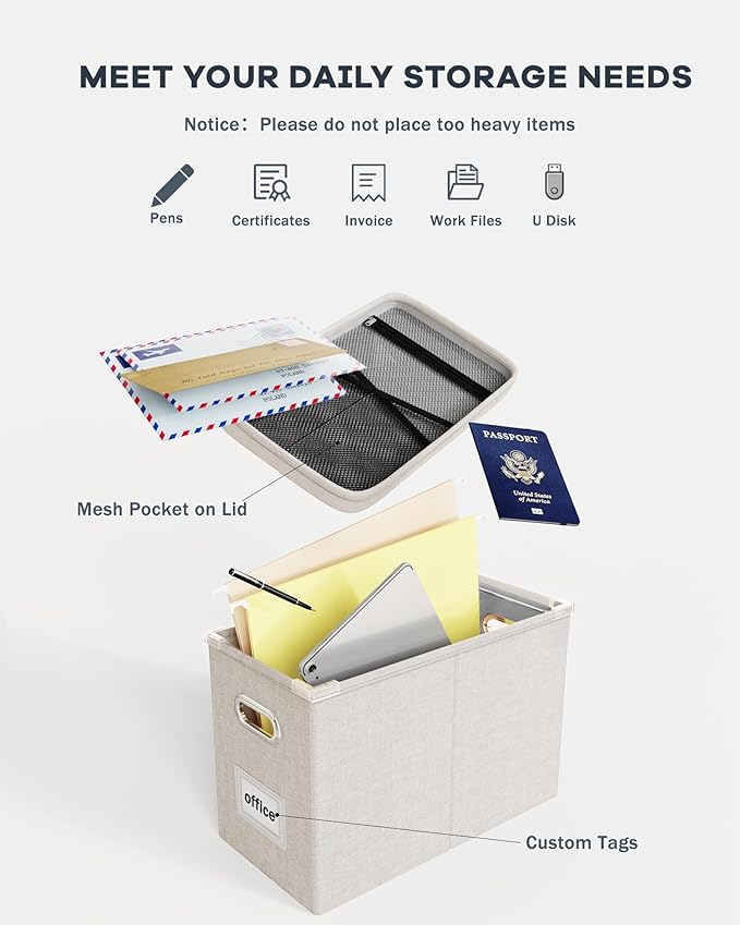 Oterri File Organizer With Lid, Hanging Filing Box With Mesh Pocket, Document Organizer for Letter Files, Portable Storage Wi