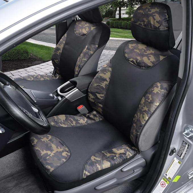 BDK Waterproof Camo Seat Covers for Car Truck Van SUV, 2 Pack – Two-Tone Black & Camouflage, Durable Neoprene Seat Protectors