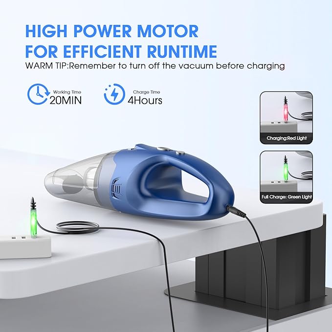 Handheld Vacuum Cordless Rechargeable – 6000Pa Mini Hand Held Vacuum, LED Light, 20–25 Mins Runtime, USB Charging, 500ML Cup 
