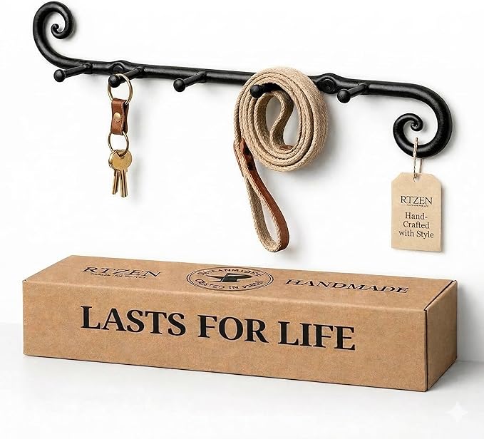 RTZEN Farmhouse Small Key Holder for Wall - Handcrafted Swirl Decorative 5 Key Hooks for Home Entryway - Wrought Iron Wall Mo