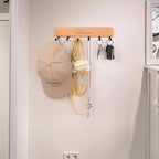 SCUNDA Wooden Key Holder with Metal Hooks,No Drill Adhesive & Screws, Wall Mount Entryway Organizer for Keys, Coats, Hats, Ru