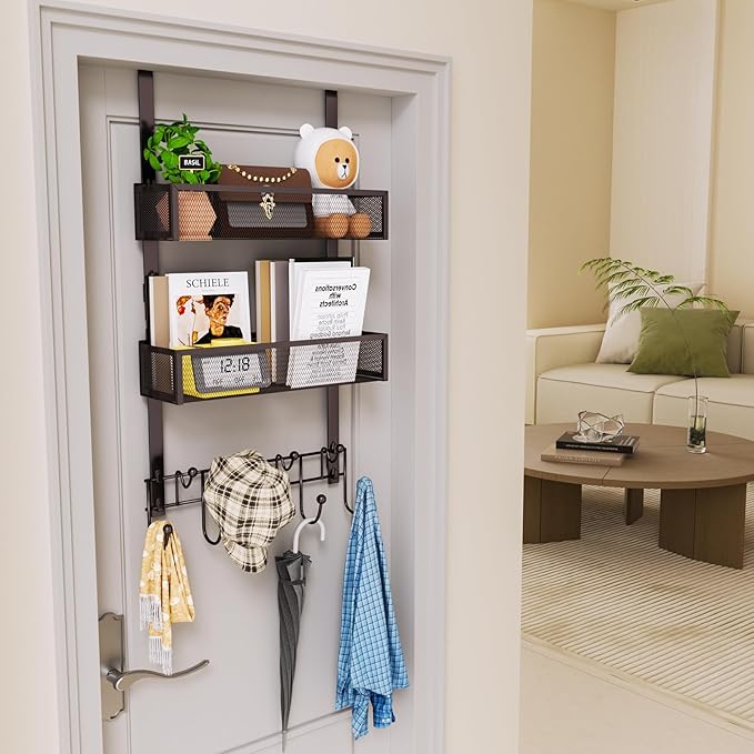 HapiRm Over The Door Hanger with Coat Hooks and 2 Baskets, Rustproof & Waterproof Over The Door Hooks, Storage Organizer for 