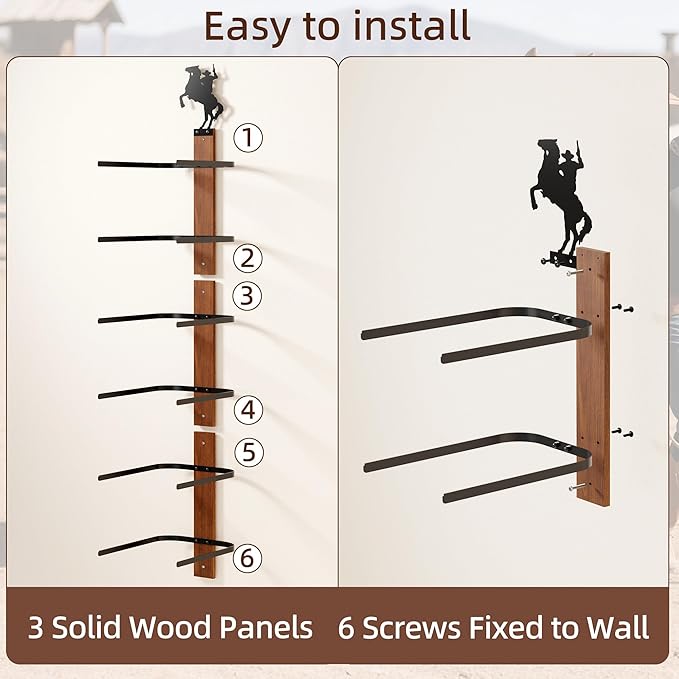 Cowboy Hat Rack for Wall – 3-Piece Wooden & Metal Western Hat Holder, Rustic Rider Sign Decor, Holds up to 6 Hats, Wall Mount