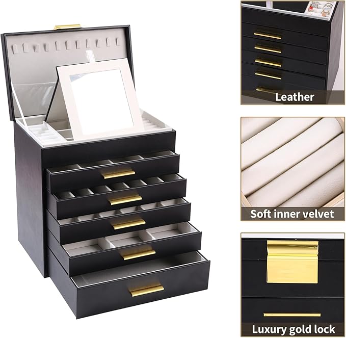 BOOVO Jewelry Boxes for Women, White and Black 6 Layer Large Jewelry Box for Necklace, Bracelet, Earrings, Rings Storage, Jew