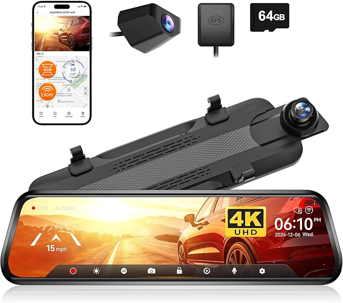 WOLFBOX G930 10'' Rear View Mirror Camera with 5.8GHz WiFi, 4K Dash Cam Front and Rear with WDR, Touch Screen Rearview Mirror