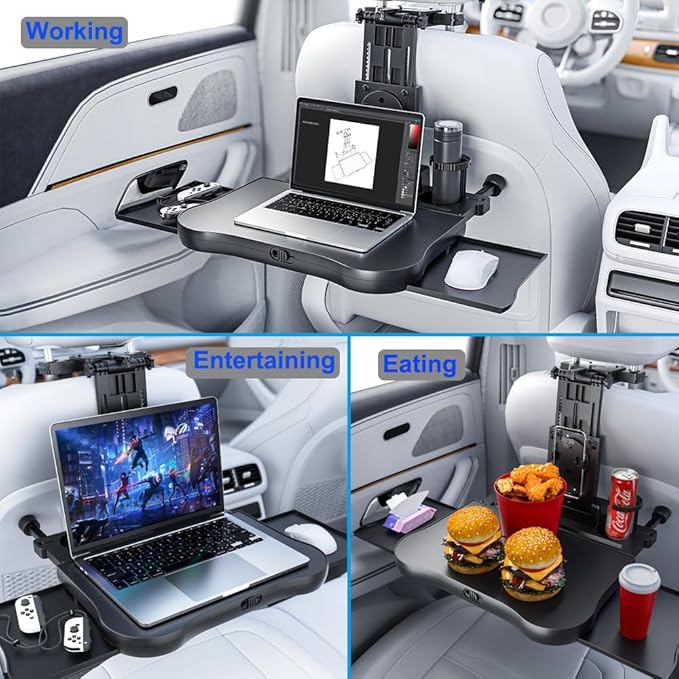 Car Back Seat Tray with Extendable Table, Car Desk for Laptop with Phone Holder, Foldable Trays for Eating & Working, Car Travel Tray Table for Rear Passenger