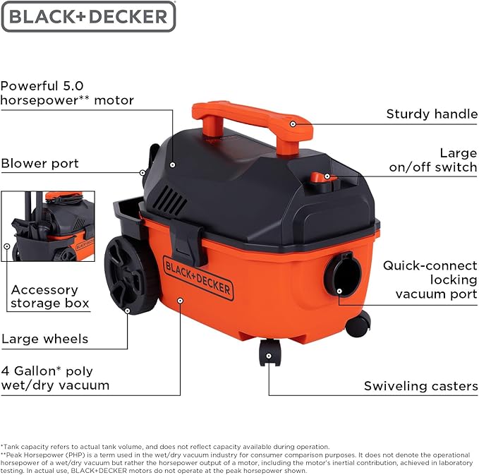BLACK+DECKER Shop Vacuum Wet and Dry, 4 Gallon 5.0 Peak HP Wet/Dry Vacuum, Quiet Operation with Muffler, Long Reach Cleaning 