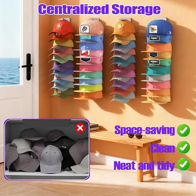 AXU 2 Pack Hat Organizer for Baseball Caps, Hat Rack for Wall (White)