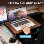 Car Cup Holder Tray Desk, 360° Rotating Black Walnut Solid Wood Food Car Table - Steering Wheel Tray Road Trip Essentials Accessories for Tesla Model Y/3/S, Ford F150 Most Vehicles
