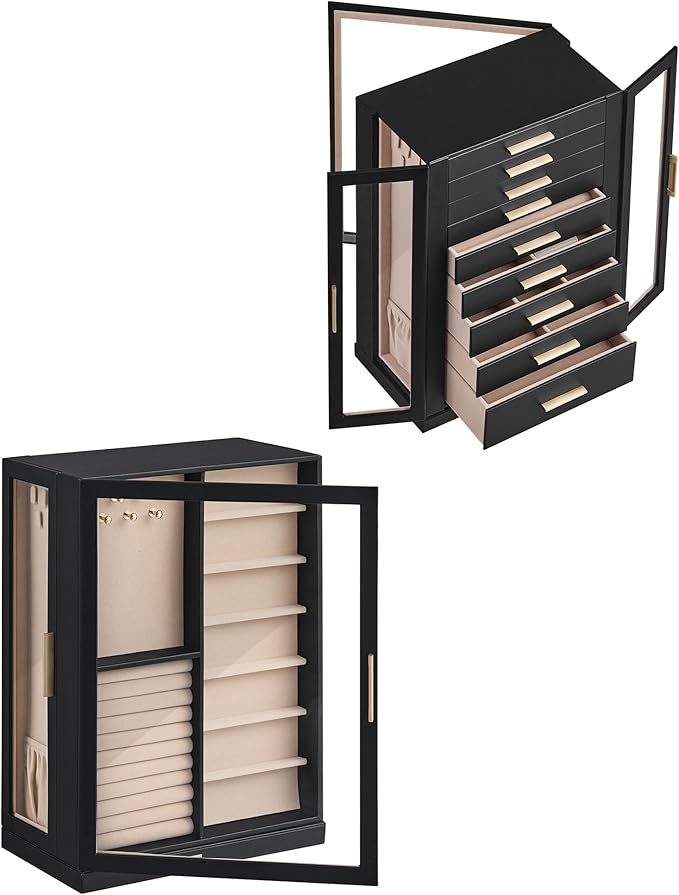 Glimmloop 360° Rotating Jewelry Box with 9 Drawers, Spacious Vertical Jewelry Organizer with Glass Window, Jewelry Storage Ca