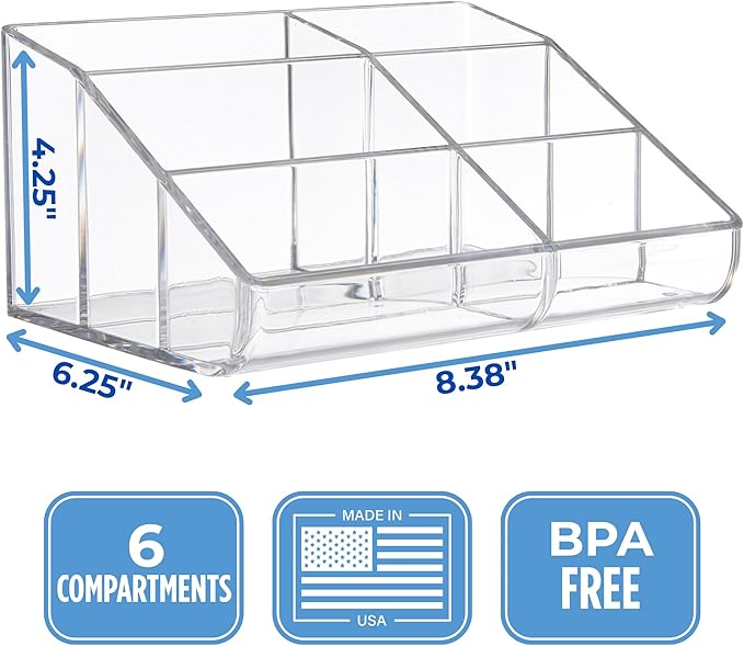 STORi Clear Plastic Vanity Makeup Organizer | 6-Compartment Holder for Brushes, Eyeshadow Palettes, & Beauty Supplies | Curve