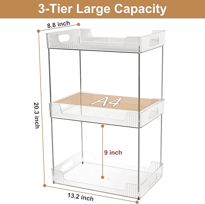 Goderewild 3 Tier Bathroom Counter Organizer, Multi-Purpose Cosmetics Skincare Shelf, Fits A4 Size Makeup Organizer for Offic