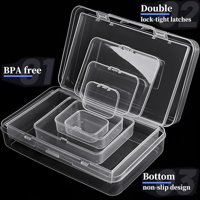28 Pack Mixed Sizes Rectangular Mini Plastic Containers Clear Plastic Storage Boxes with Hinged Lids and Labels Empty Beads O