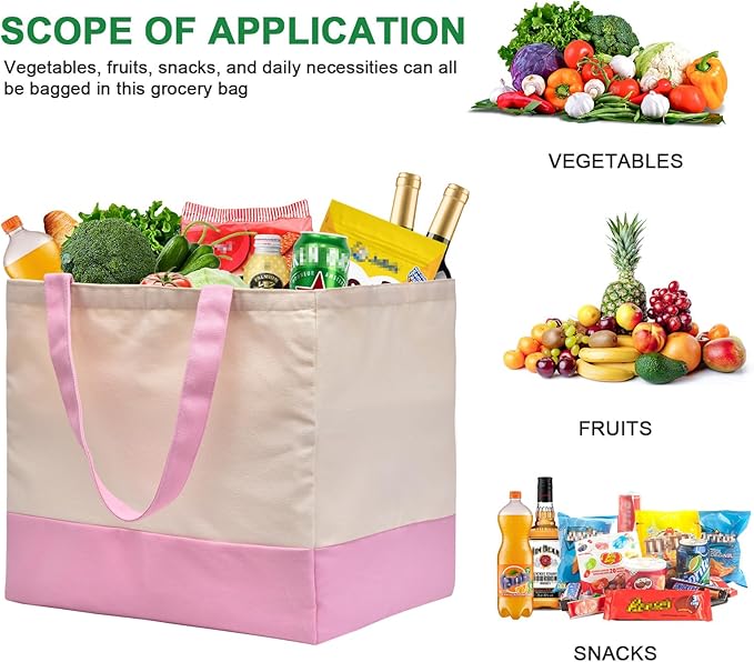 Canvas Reusable Grocery Bags Heavy Duty, 8.3 gal Foldable Large Tote Bag with Handles, Holds 60 lbs Canvas Shopping Bags, 1 Pack